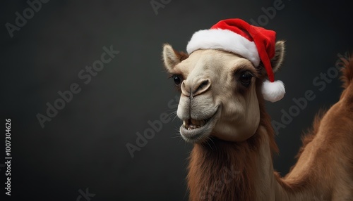 Photo realistic happy camel with Christmas cap on a right side of a charcoal color background looking in camera, only top of body, detailed