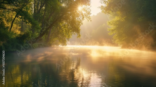 Landscape of foggy misty morning dawn sunrise over the mountain, green forest trees and river water