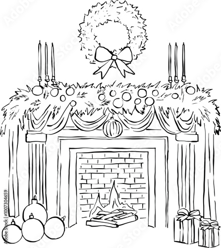 Chimenea navideña dibujada a mano. Ilustración de navidad para tarjetas, invitaciones, papelería o redes sociales. Vector.