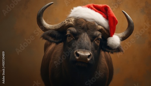 Photo realistic happy buffalo with Christmas cap on a middle of a brass color background looking in camera, only top of body, detailed