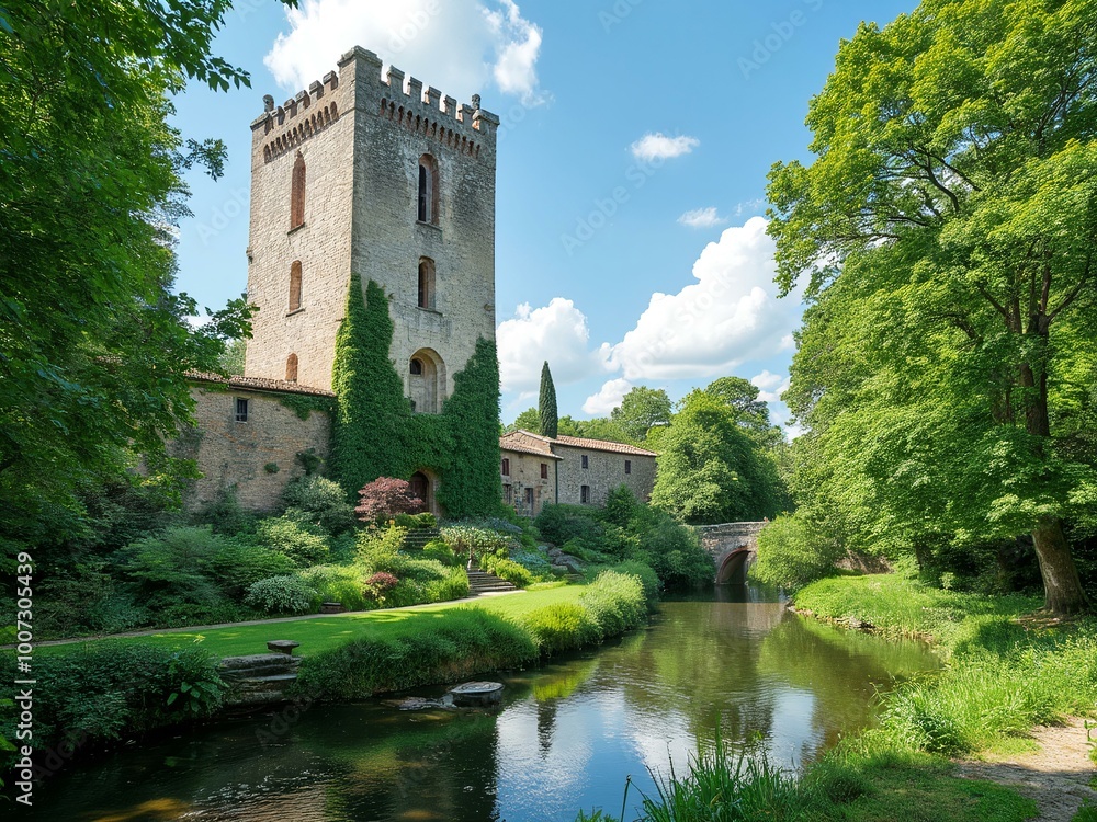 Historic Stone Castle Tower by a Peaceful River Surrounded by Lush Greenery – Perfect Medieval Architecture and Nature Setting Historic Stone Castle Tower by a Peaceful River Surrounded by Lush Greenery – Perfect Medieval Architecture and Nature Setting