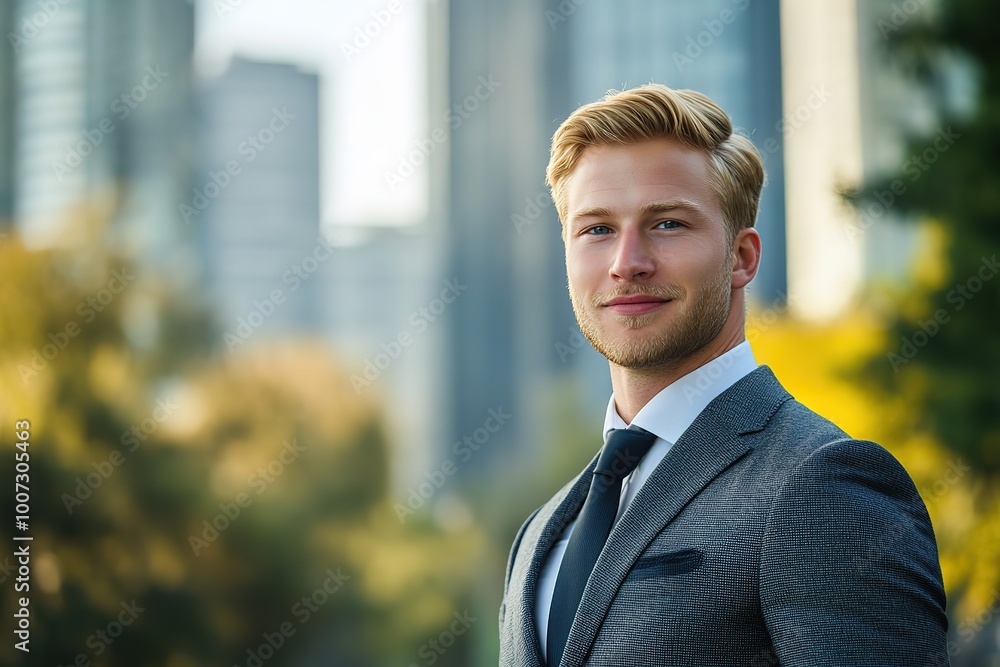 Beautiful blonde Caucasian European man in suit outdoors with a blurry business center in backdrop office blur background Beautiful blonde Caucasian European man in suit outdoors with a blurry business center in backdrop office blur background