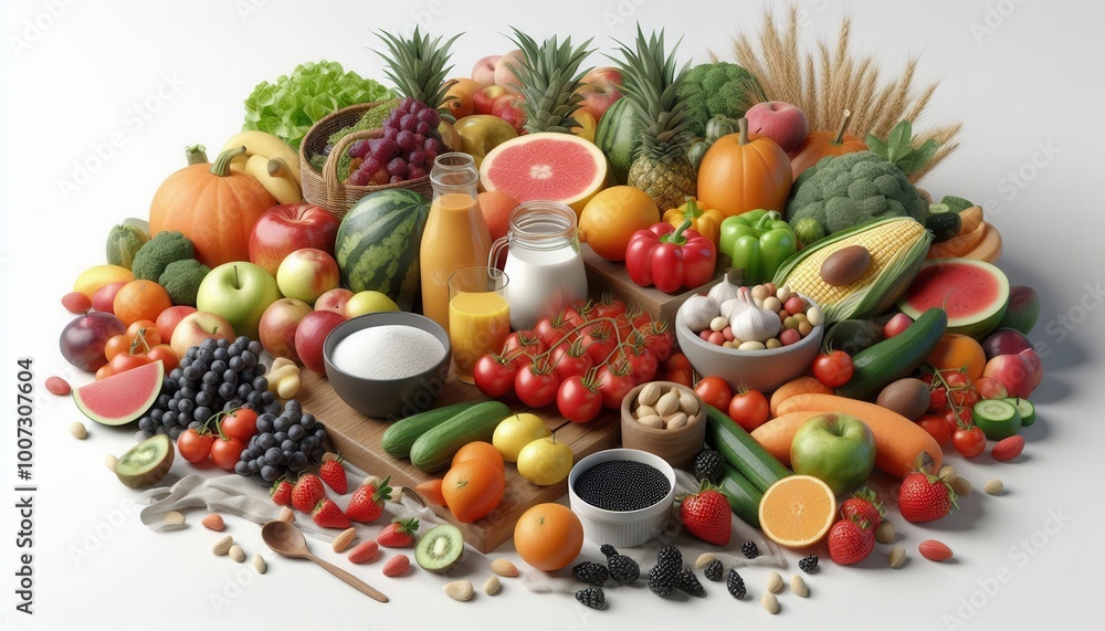 A vibrant arrangement of various fruits, vegetables, and beverages promoting healthy eating. A vibrant arrangement of various fruits, vegetables, and beverages promoting healthy eating.