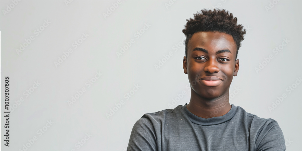 Young man with short hair smiling confidently in a grey shirt, standing against a light grey background Young man with short hair smiling confidently in a grey shirt, standing against a light grey background