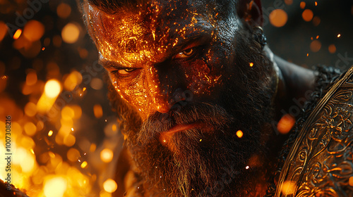 intense efreet warrior with fiery gaze and molten beard in a blaze of embers photo