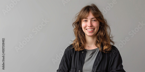 Smiling young woman with wavy hair wearing a black jacket and grey shirt, standing against a neutral background photo