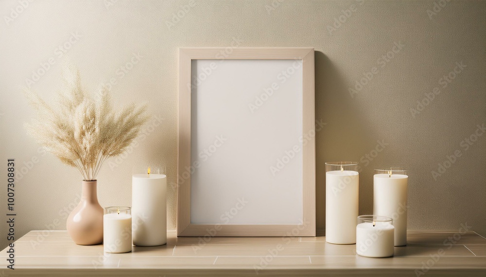 Frame mockup close up in a beige cozy room with candles, 3d render Frame mockup close up in a beige cozy room with candles, 3d render