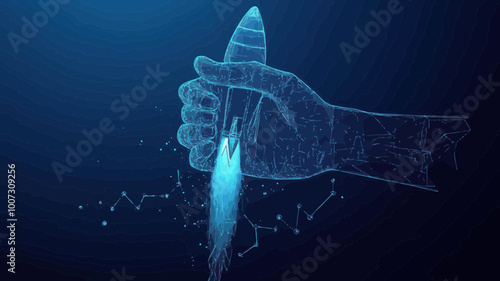 Digital Handshake and Rocket Launch Representing Business Partnership and Startup Investment in Technology Vector Art