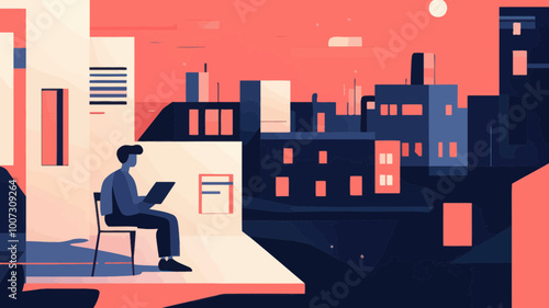 Remote Work in Urban Setting - Modern Flat Vector Illustration of Person Using Laptop on Balcony Overlooking Cityscape at Sunset for Work from Home, Business, and Freelancing Concepts