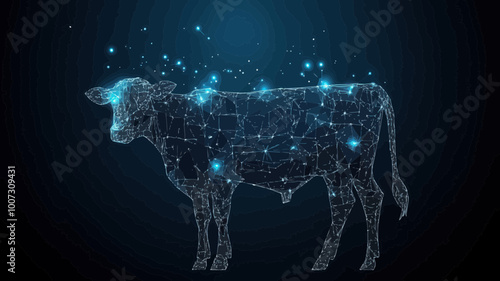 Abstract Wireframe Cow in Starry Sky Concept Art - Vector Illustration of Universe and Animal Fusion