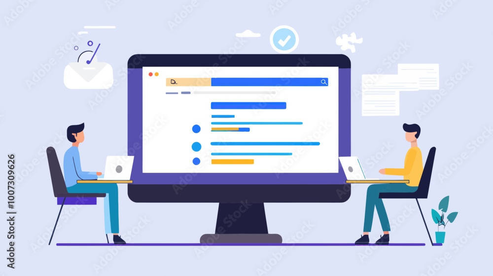 Flat Design Modern Concept of Office Work with Two People on Laptops, Search Engine Results Page on Large Monitor, Collaborative Workspace, Digital Business Concept Vector Illustration Flat Design Modern Concept of Office Work with Two People on Laptops, Search Engine Results Page on Large Monitor, Collaborative Workspace, Digital Business Concept Vector Illustration