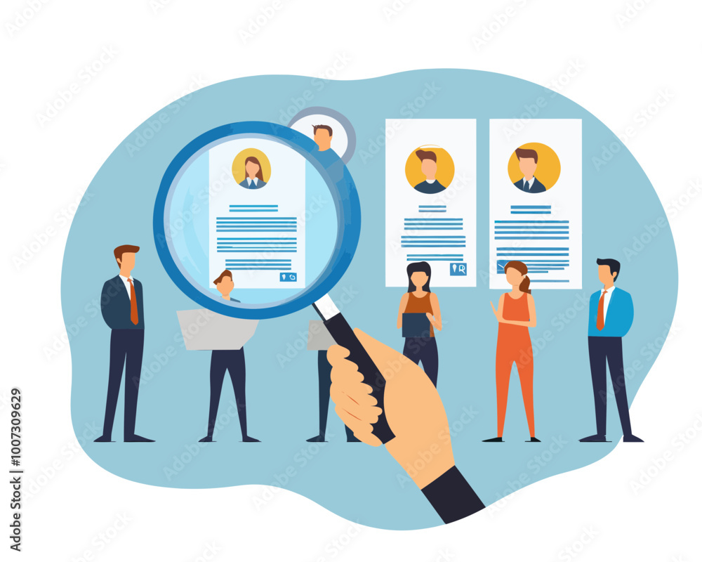 Flat Minimalist HR Recruitment Process Vector with Magnifier Choosing Candidate Résumés, Human Resources Hiring Business Employees to Fill Vacancy, Job Selection Illustration Flat Minimalist HR Recruitment Process Vector with Magnifier Choosing Candidate Résumés, Human Resources Hiring Business Employees to Fill Vacancy, Job Selection Illustration