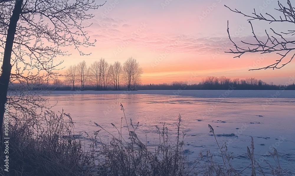 Fototapeta premium A serene frozen lake at dusk, the sky painted pink and orange, bare trees silhouetted against the horizon.