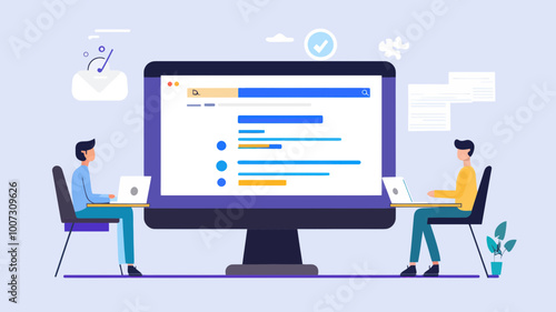 Flat Design Modern Concept of Office Work with Two People on Laptops, Search Engine Results Page on Large Monitor, Collaborative Workspace, Digital Business Concept Vector Illustration