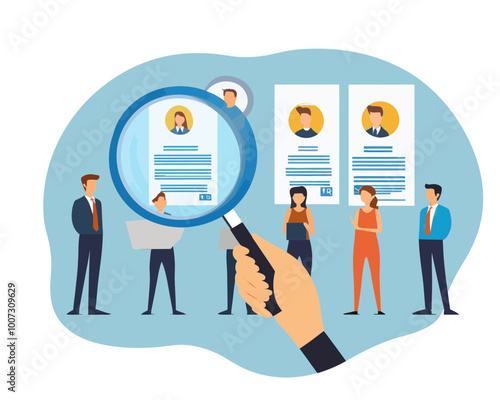 Flat Minimalist HR Recruitment Process Vector with Magnifier Choosing Candidate Résumés, Human Resources Hiring Business Employees to Fill Vacancy, Job Selection Illustration