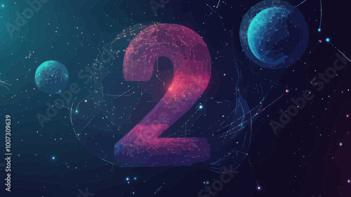 Number Two in Starry Universe with Planetary Elements and Wireframe Vector Design