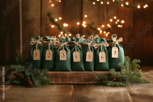 Unique advent calendar gift set of 25 green silk bags with hang tags with numbers. Bags whist on a flat wooden block with spruce branches wrapped in light garland
