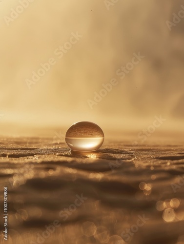 A small, clear, round ball of water sits on a sandy beach