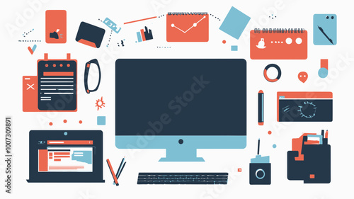 Modern Web Design and Development Illustration Featuring Computer and Digital Tools for Coding and Creative Work