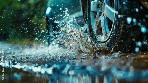 A car is driving through a puddle of water