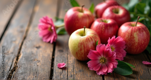 red apple on wooden table