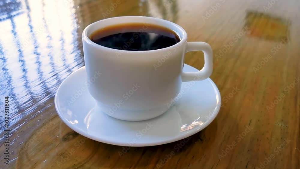 White cup of black Americano coffee on a wooden table. White cup of black Americano coffee on a wooden table.