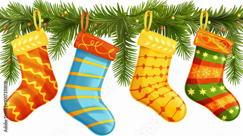 Colorful festive hanging Christmas stockings on pine branch, decorative vibrant traditional seasonal holiday accents concept photo