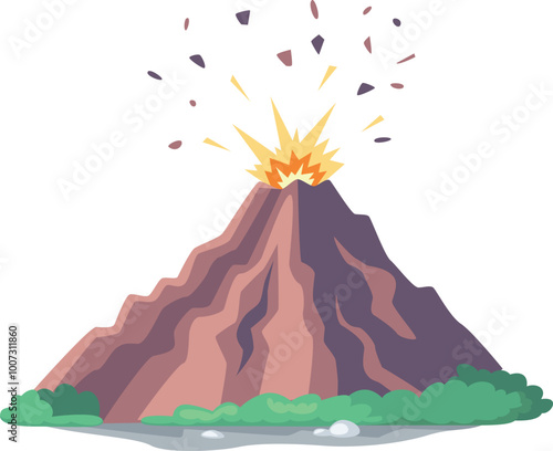 Volcano eruption cartoon illustration. Mountain with lava flows