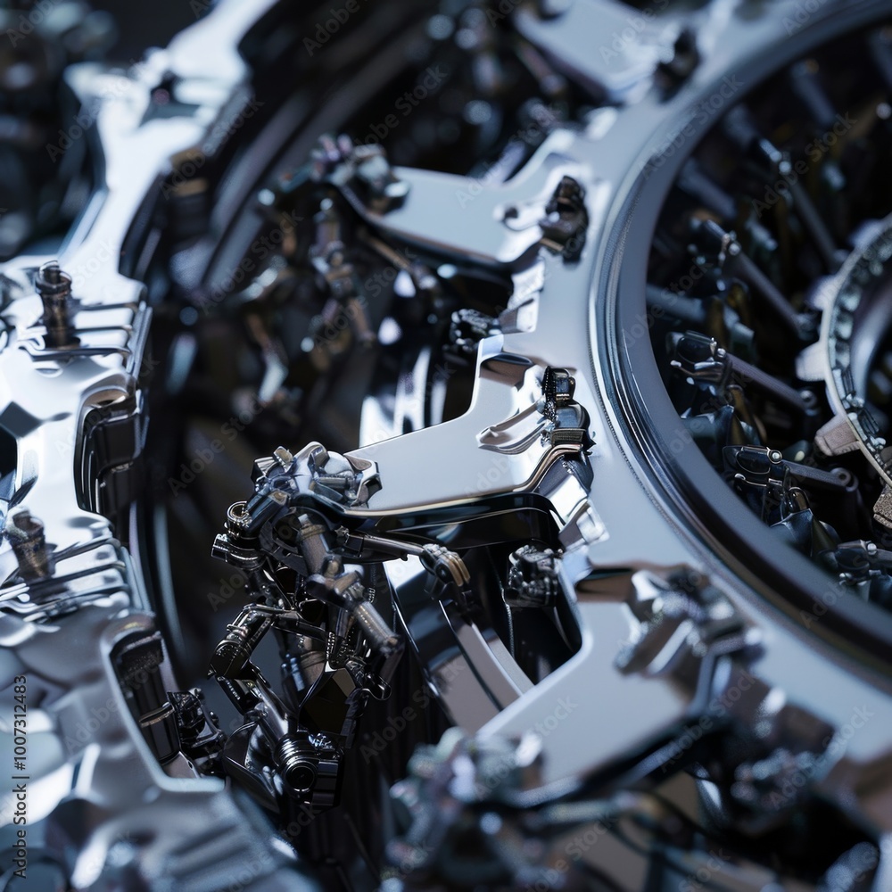 Fototapeta premium Intricate metallic gears interlock in a complex machinery arrangement