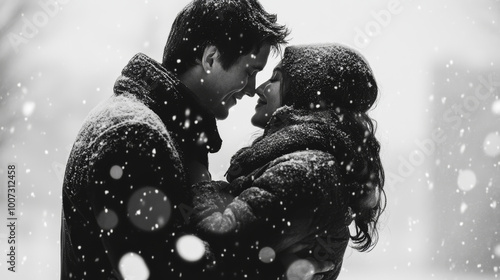 Romantic couple embracing in winter snow, smiling warmly, snowfall creating serene backdrop, winter love concept