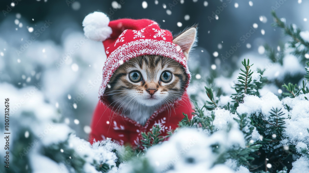 Adorable kitten in cozy red sweater and Santa hat surrounded by snowflakes in winter evergreen setting festive holiday concept Adorable kitten in cozy red sweater and Santa hat surrounded by snowflakes in winter evergreen setting festive holiday concept