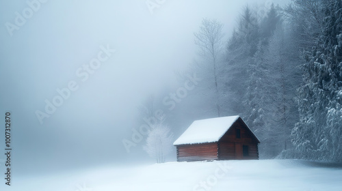 Scenic winter cabin in foggy forest, snow-covered landscape, tranquil, serene, cold weather, cozy retreat, peaceful winter scenery concept