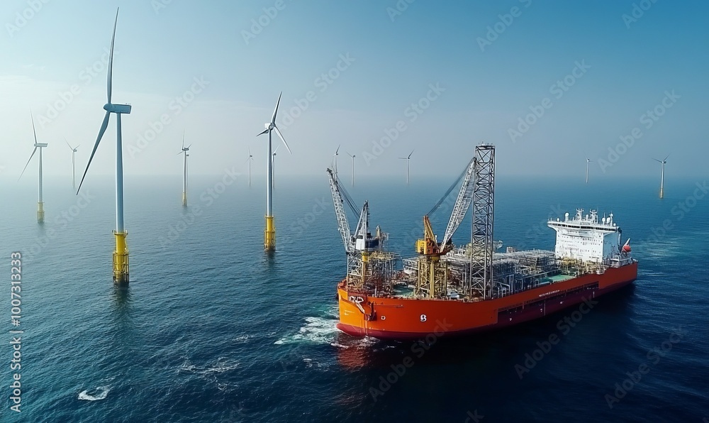 Aerial view of wind turbine installation vessel at offshore wind farm Aerial view of wind turbine installation vessel at offshore wind farm
