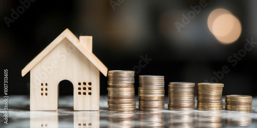 Wooden house model with stacked coins symbolizing financial growth