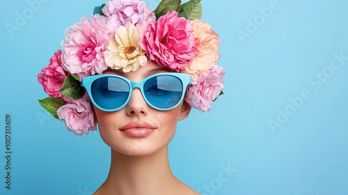 Smiling woman with floral headpiece and sunglasses on blue background