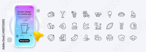 Hazelnut, Sunflower seed and Cold coffee line icons for web app. Phone mockup gradient screen. Pack of Coffee beans, Ice creams, Food delivery pictogram icons. Vector