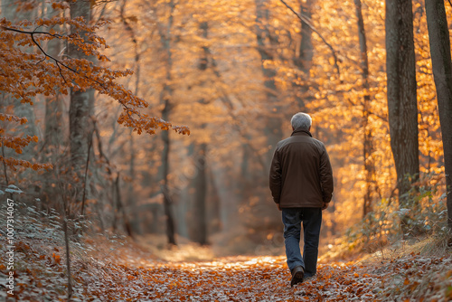 Serene autumn walk in forest, man walking on leafy path, enjoying tranquility, golden foliage, peaceful nature, fall retreat, autumn strolling concept