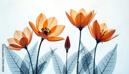 Orange Translucent Flowers with Leaves on Light Background. photo