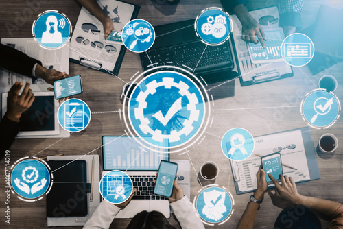 Quality Assurance and Quality Control Concept - Modern graphic interface showing certified standard process, product warranty and quality improvement technology for satisfaction of customer. uds photo