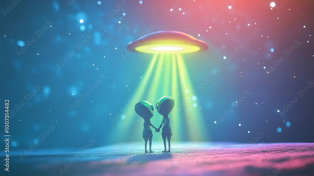 Mystical scene with two aliens under glowing UFO spaceship in outer space, vibrant cosmic lights, night sky atmosphere concept Mystical scene with two aliens under glowing UFO spaceship in outer space, vibrant cosmic lights, night sky atmosphere concept