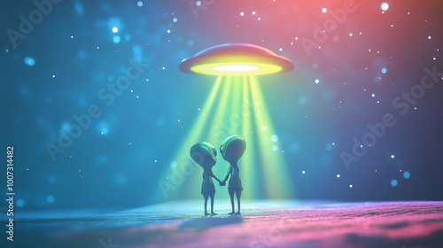 Mystical scene with two aliens under glowing UFO spaceship in outer space, vibrant cosmic lights, night sky atmosphere concept