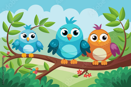 funny birds on branch clipart vector design