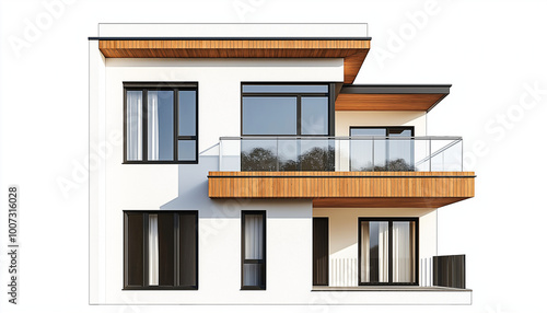 Simple modern white house model, isolated on a transparent background. Modern two-story house with wooden accents, white walls, and wood cladding on the balcony. Front view of the architecture, png 