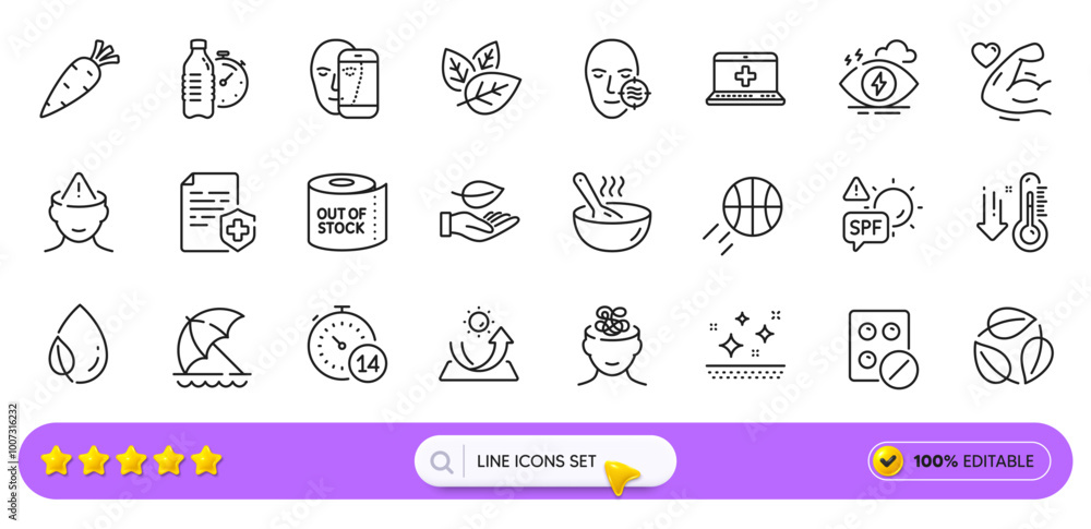 Strong arm, Stress and Mental health line icons for web app. Pack of Medical tablet, Beach umbrella, Spf protection pictogram icons. Face biometrics, Anxiety, Problem skin signs. Search bar. Vector Strong arm, Stress and Mental health line icons for web app. Pack of Medical tablet, Beach umbrella, Spf protection pictogram icons. Face biometrics, Anxiety, Problem skin signs. Search bar. Vector