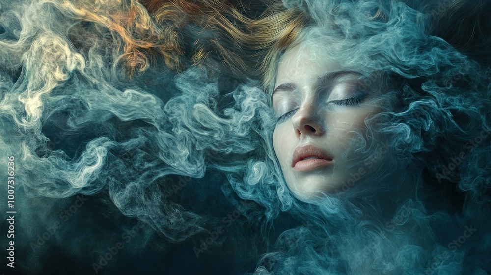 A woman's face obscured by swirling blue smoke A woman's face obscured by swirling blue smoke