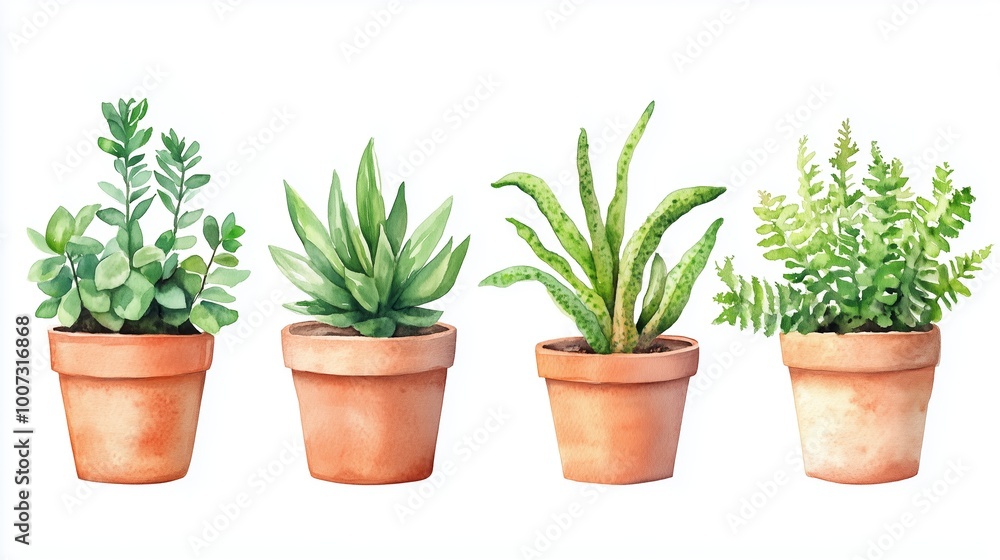 A collection of four green potted plants arranged in rustic clay pots on a bright white background showcasing various textures and shapes A collection of four green potted plants arranged in rustic clay pots on a bright white background showcasing various textures and shapes