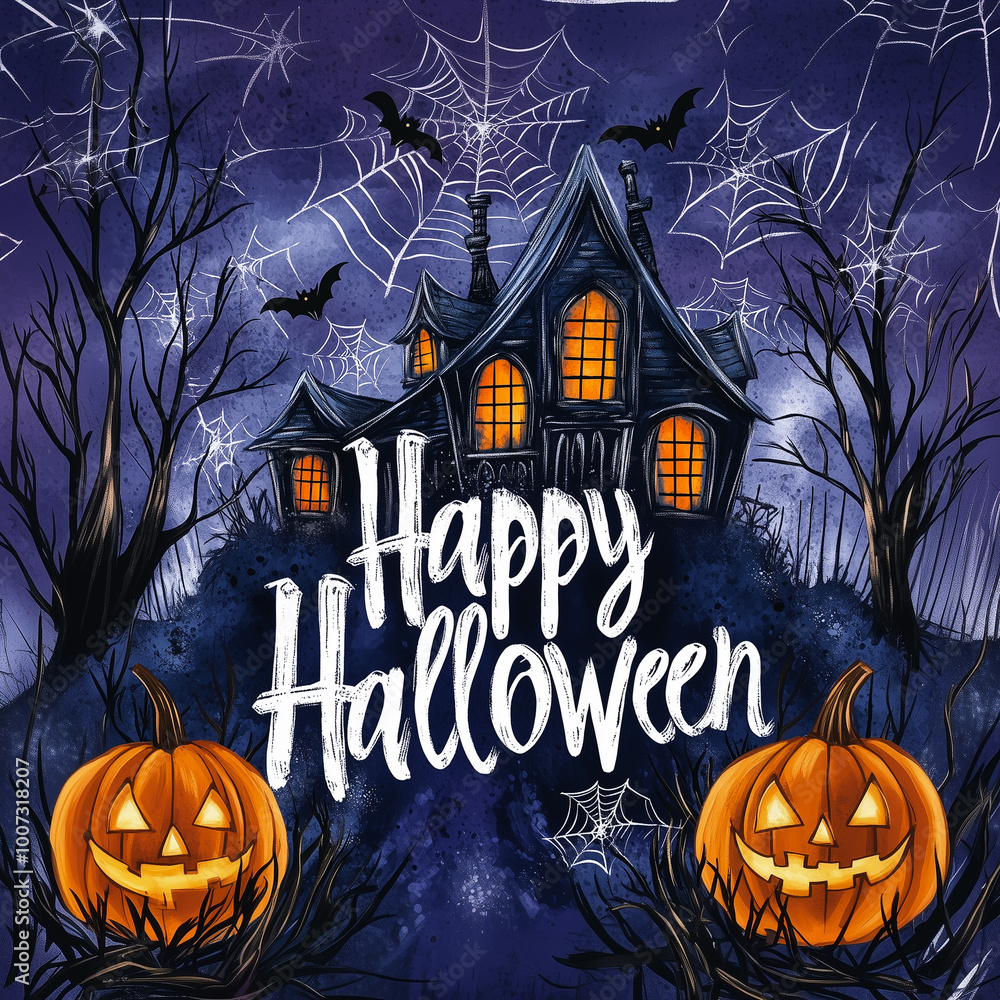 Fototapeta premium Scary haunted house with text Happy Halloween. Orange yellow and purple copy space Halloween banner for October 31 party invitation