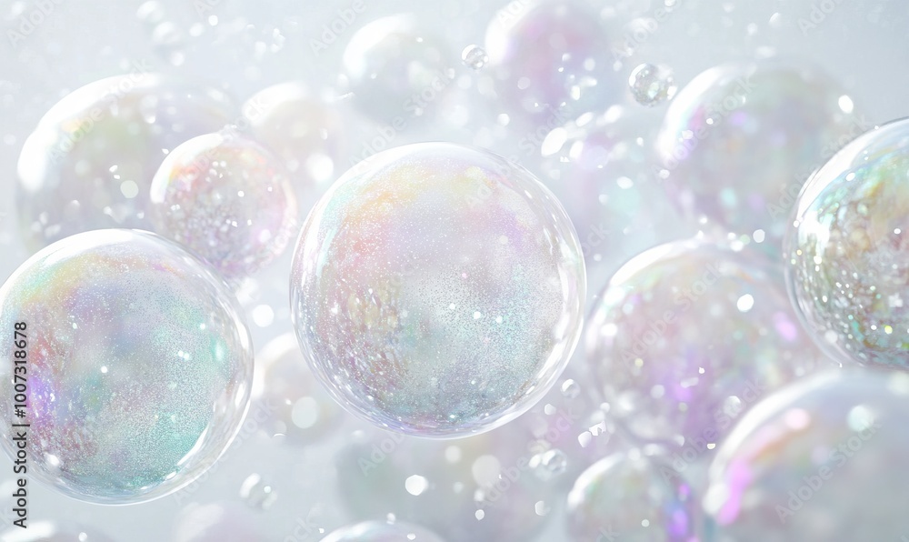 Circular patterns in soft pastel colors with hints of glitter, resembling abstract snow globes floating against a light gray background Circular patterns in soft pastel colors with hints of glitter, resembling abstract snow globes floating against a light gray background