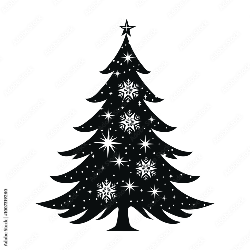 Stylized Christmas tree with snowflakes and stars on white background. Vector illustration Stylized Christmas tree with snowflakes and stars on white background. Vector illustration