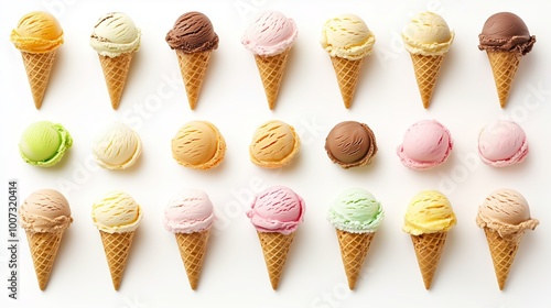 Colorful assortment of ice cream cones with various flavors arranged in a neat grid on a white background